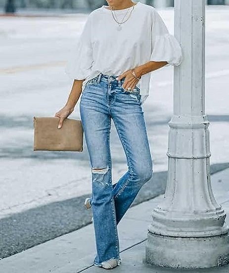 Women's flared pants, high waist ripped stretch flared pants